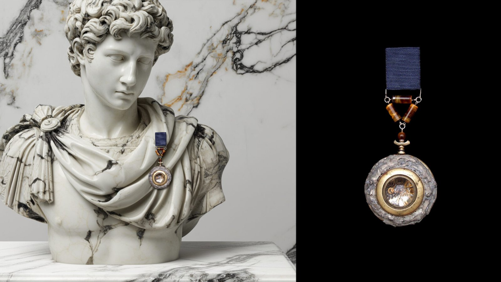 Time Collection Series IV jewelry piece 6 combined marble context and black background close-up