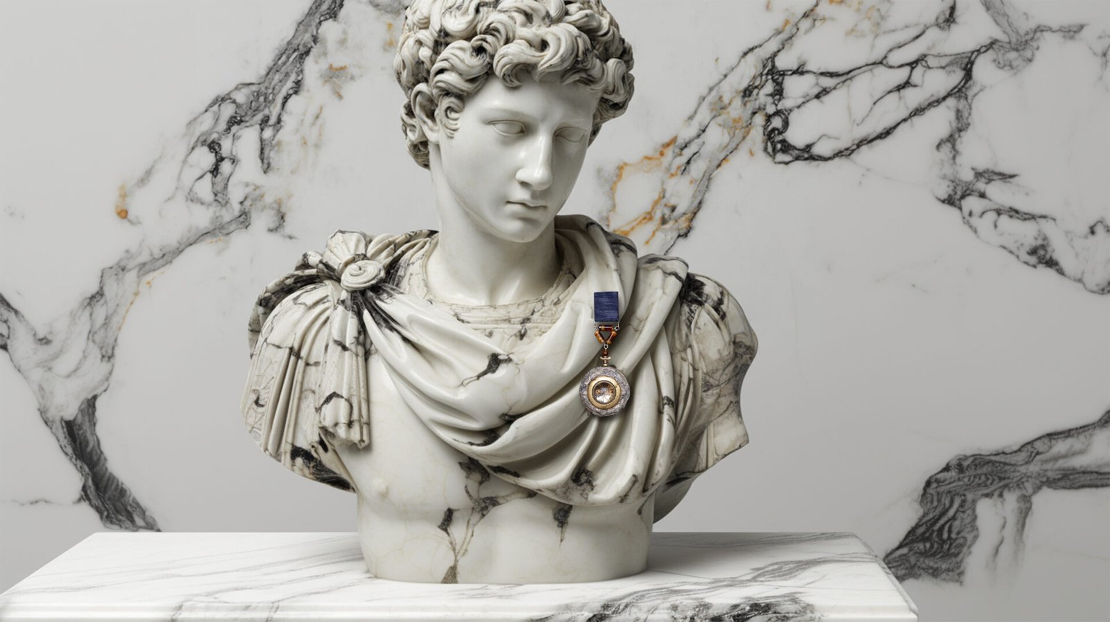 Time Collection Series IV jewelry piece 6 worn on marble sculpture, contrast between erosion and permanence
