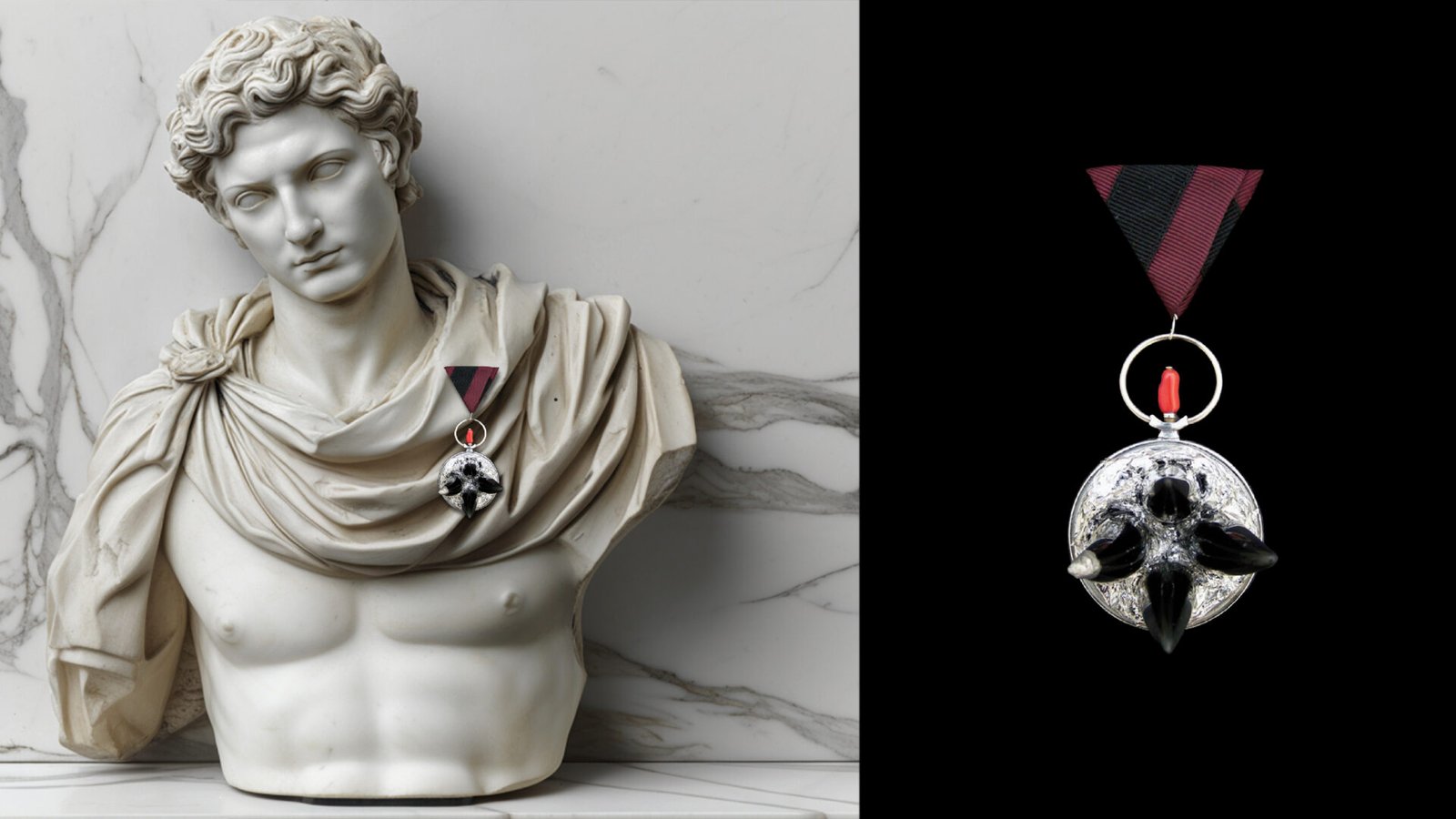 Time Collection Series IV jewelry piece 8 exposing time contrast between marble sculpture still yet looking alive and the stillness of the black background with live time piece