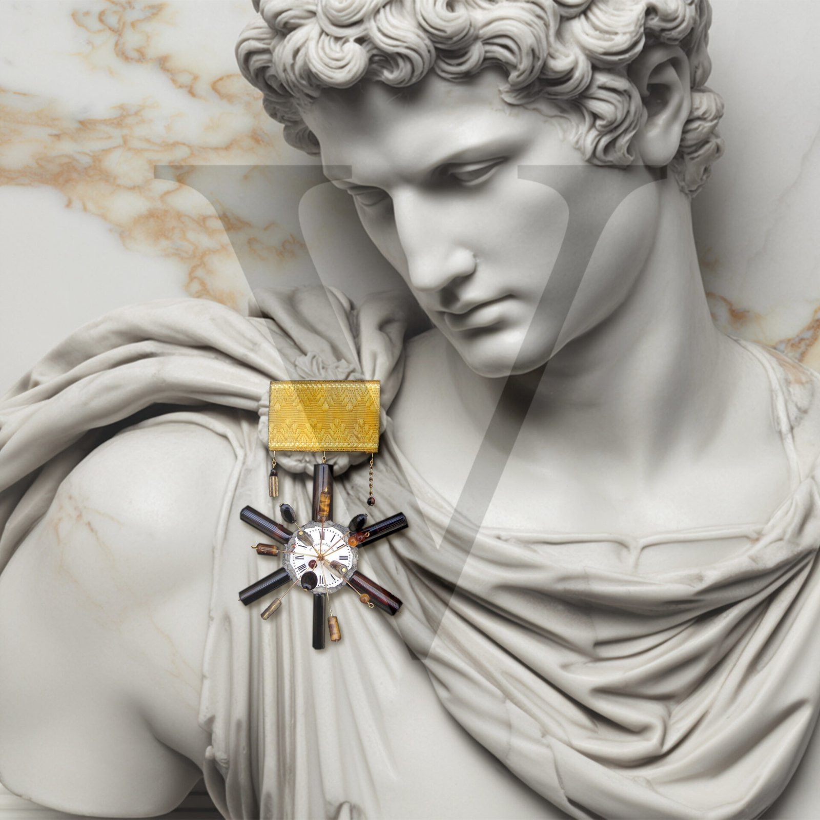 Sculptural portrait with integrated jewellery element reflecting legacy, authorship, and temporal inheritance.