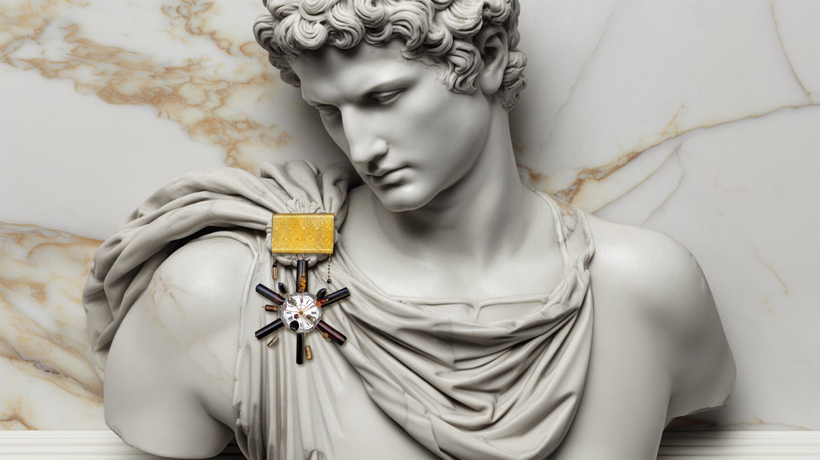 Uncropped master image of Time Collection Series V showing a marble sculpture wearing a refined pin-object that presents time as finite value and conscious choice.