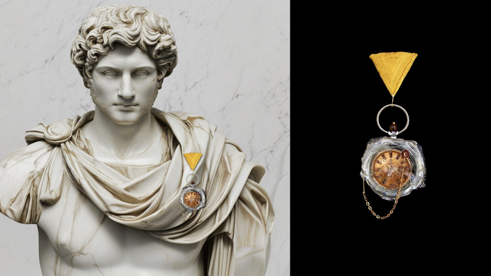 Time Collection Series V jewelry piece 1 shown in combined image with marble sculpture context and black background detail