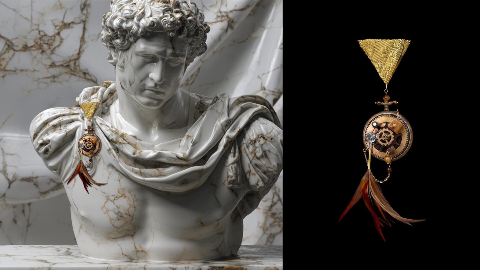 Time Collection Series V jewelry piece 2 combined view showing marble sculpture placement and black background detail