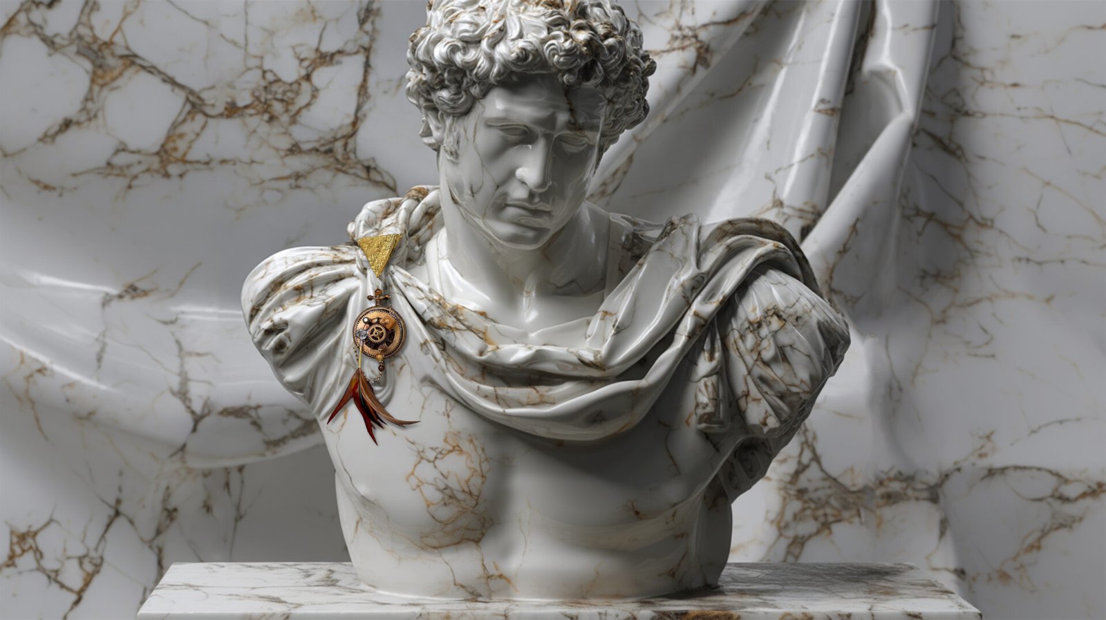 Time Collection Series V jewelry piece 2 displayed on marble bust, wearable time sculpture in classical dialogue
