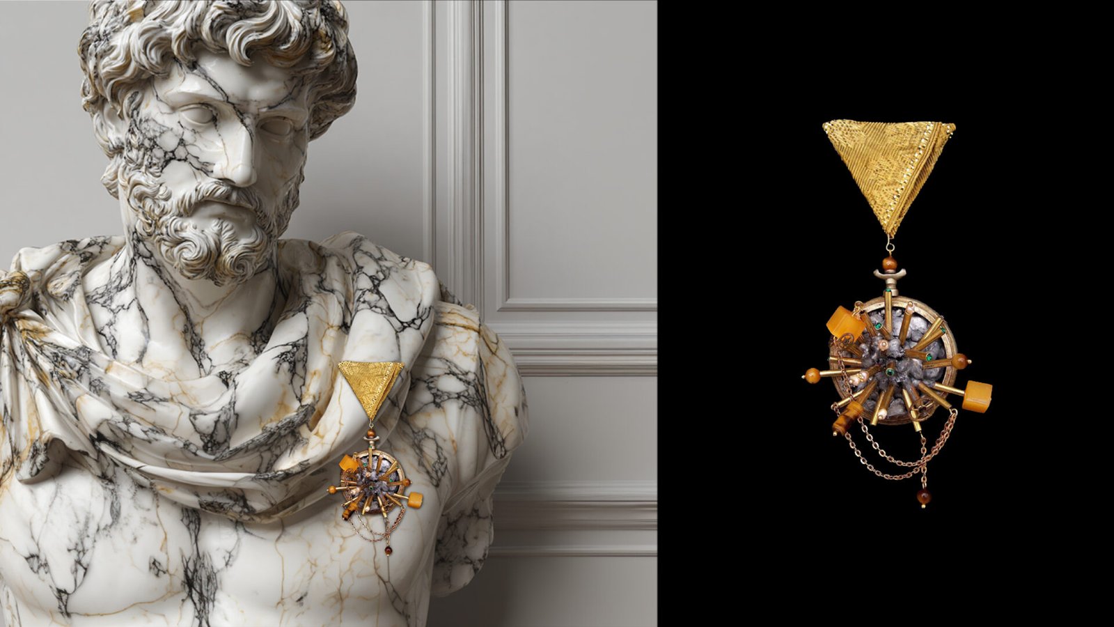 Time Collection Series V jewelry piece 3 shown in combined marble and black background composition