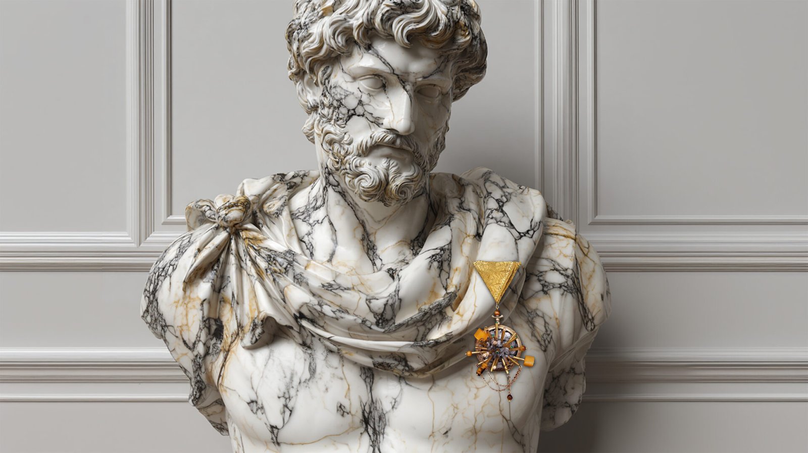 Time Collection Series V jewelry piece 3 positioned on marble sculpture, contemporary time artefact