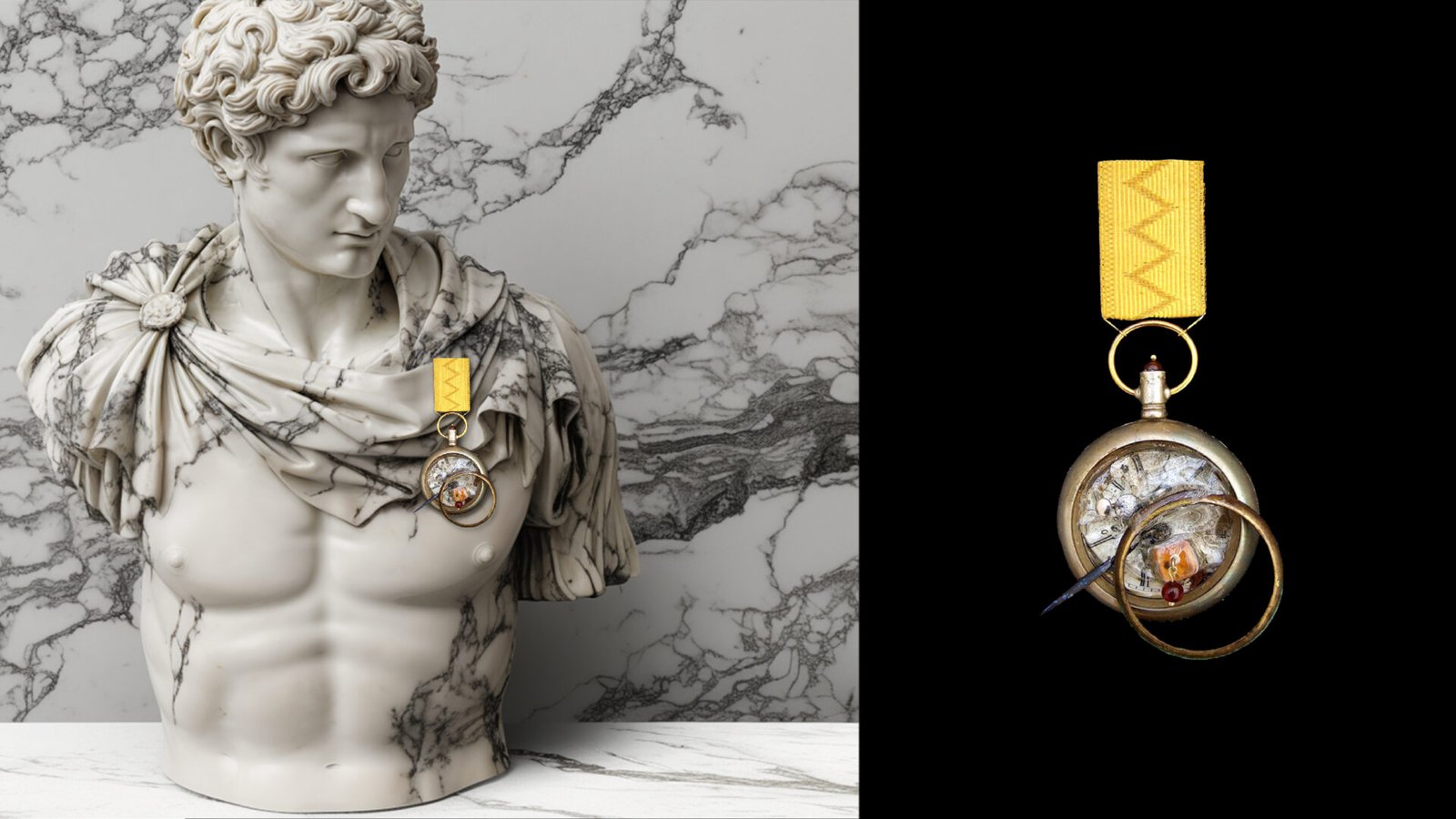 Time Collection Series V jewelry piece 4 combined view with marble sculpture and black background detail