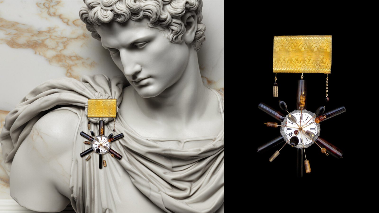 Time Collection Series V jewelry piece 5 combined presentation with marble context and black background detail