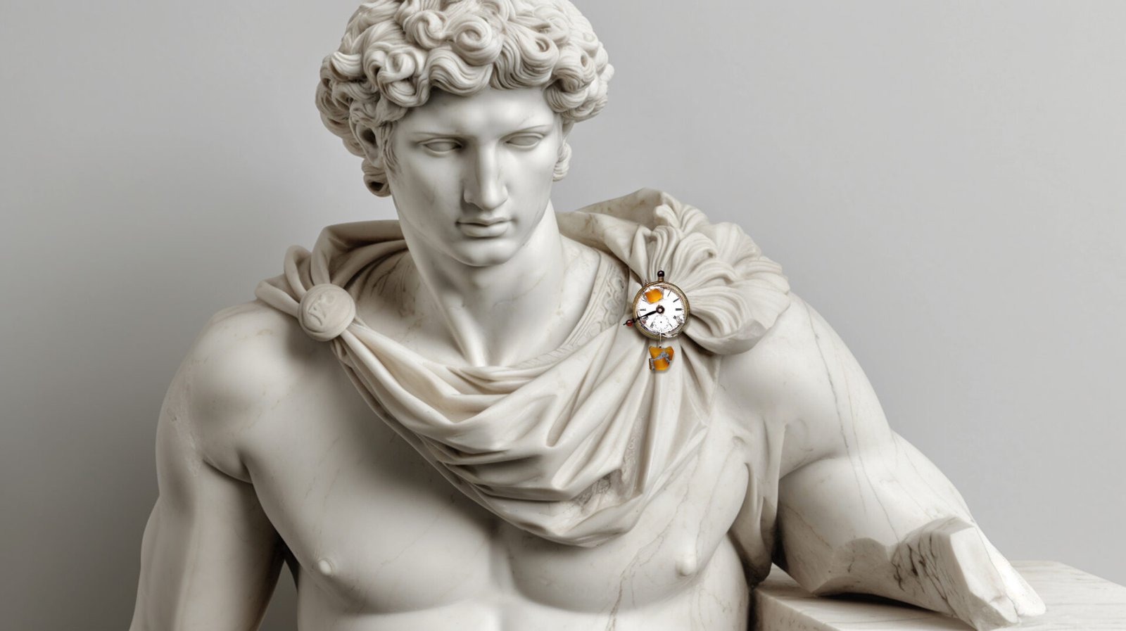 Time Collection Series V jewelry piece 6 displayed on marble sculpture, wearable time artefact