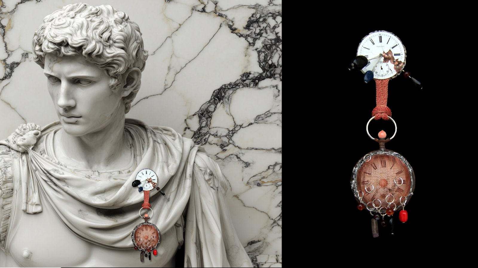 Time Collection Series V jewelry piece 7 combined presentation with marble sculpture and black background detail