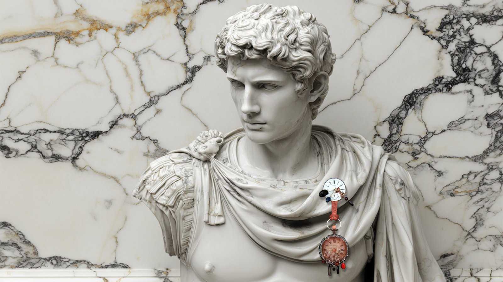 Time Collection Series V jewelry piece 7 worn on marble sculpture, dialogue between linear time and classical form, handmade pin in Italy