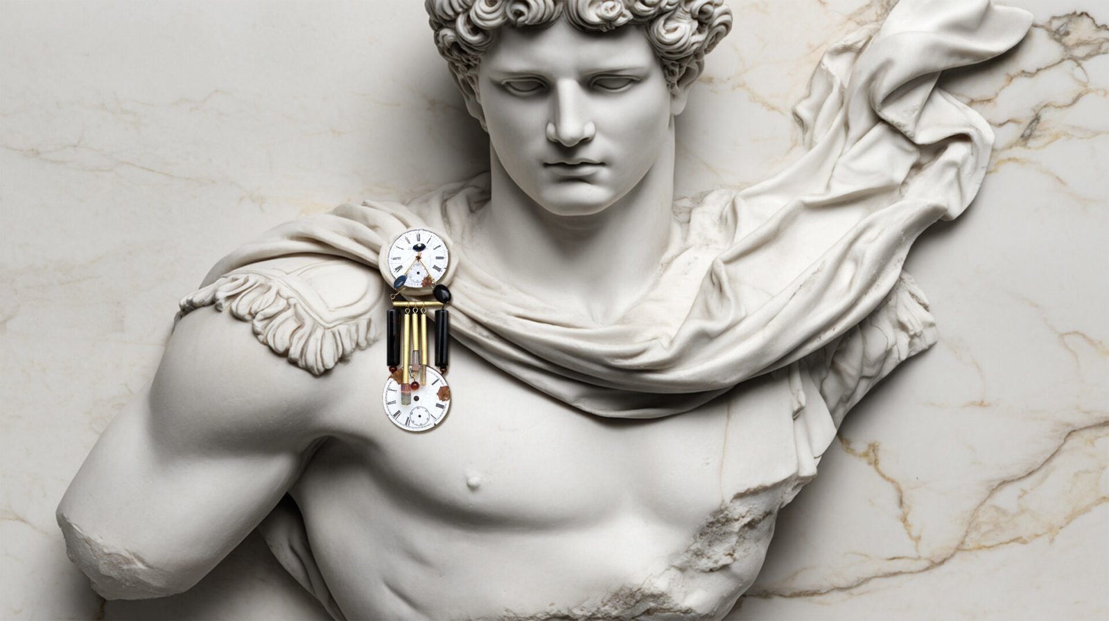 Time Collection Series V jewelry piece 8 displayed on marble sculpture, contemporary time artefact