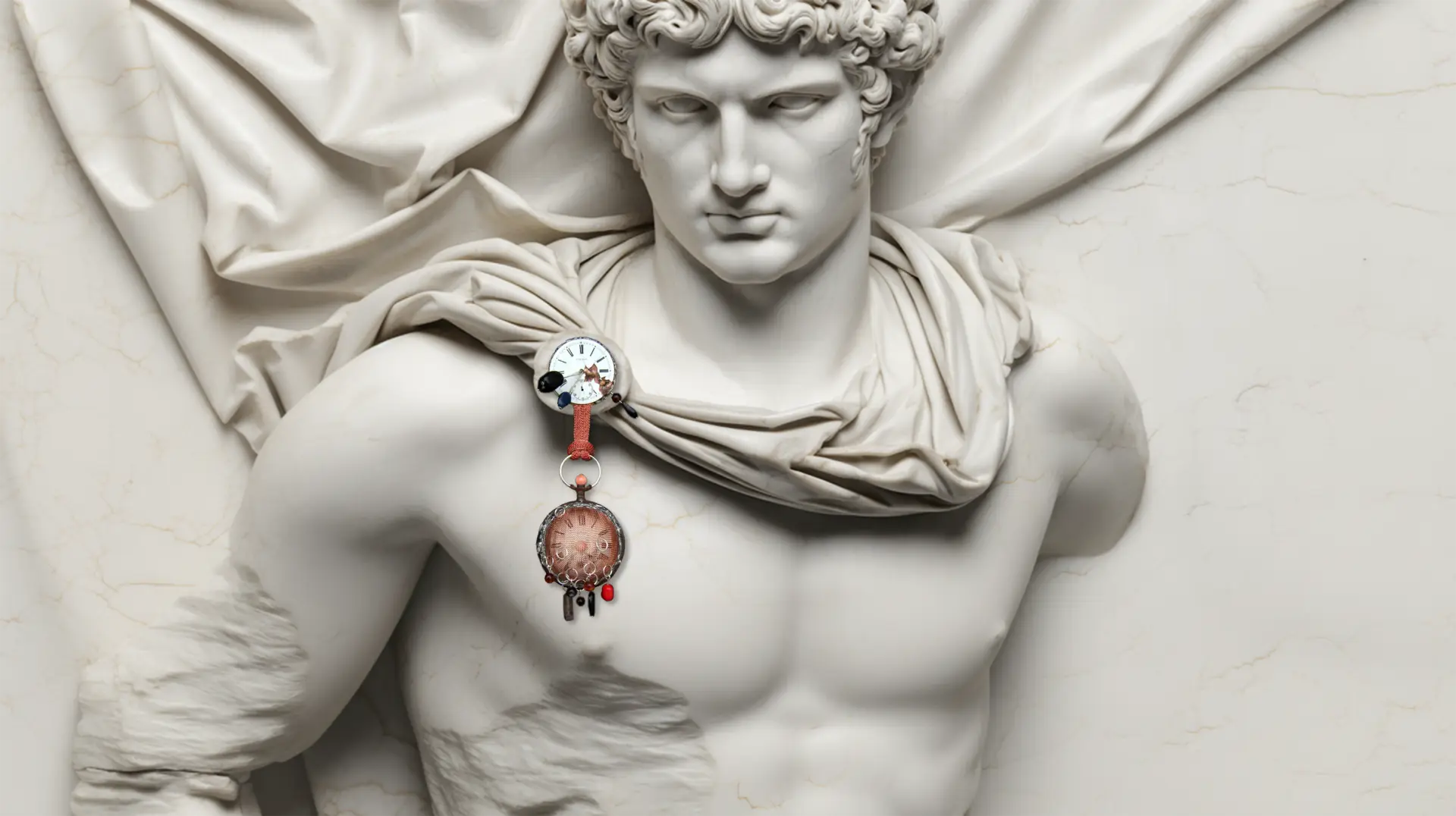 Time master image representing fine art, fashion and design through classical sculpture and symbolic timepiece