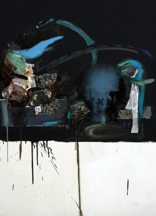 Caressed (2007), mixed media on canvas by Milan Stamenovic, incorporating X-ray collage and still life elements to explore psychological structure beneath surface representation.