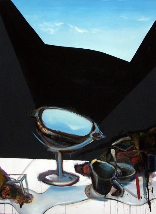 Il mattino (2009) by Milan Stamenovic — mixed media painting depicting a still life inhabiting a constricted architectural chamber under morning light, Italy.