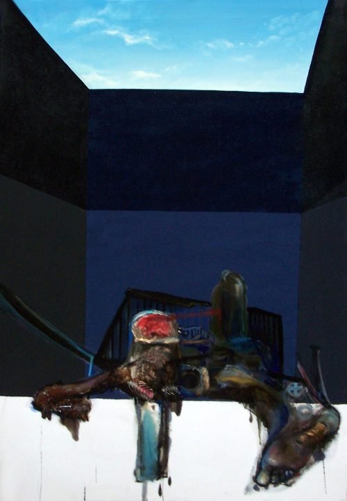 Il mezzogiorno (2009) by Milan Stamenovic — mixed media painting exploring still life under architectural compression and midday exposure, Italy.