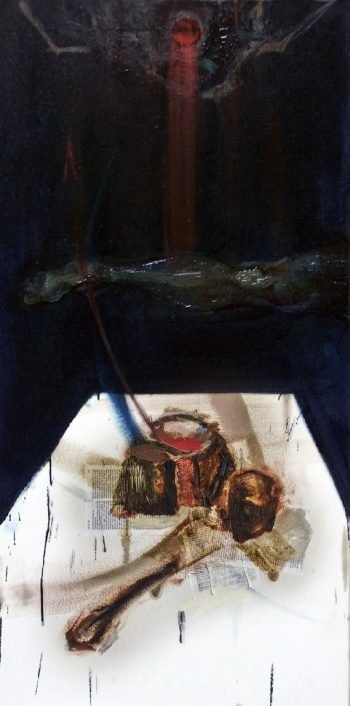 Gravità (2009) by Milan Stamenovic — mixed media on canvas, vertical composition exploring emotional gravity and structural compression, Italy.