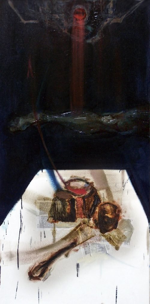 Gravità (2009) by Milan Stamenovic — mixed media on canvas, vertical composition exploring emotional gravity and structural compression, Italy.