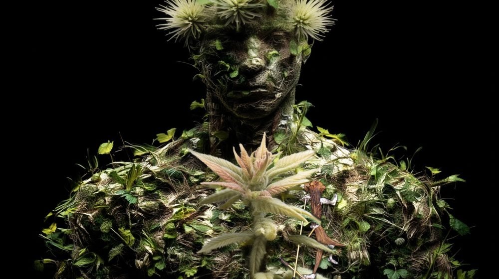 Wearable art jewelry from the Hunter Collection worn on a humanoid botanical totem, expressing controlled instability.