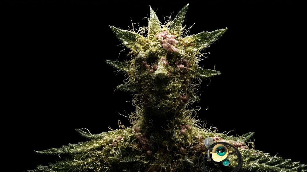 Final alignment-phase wearable art piece from the Hunter Collection shown on a humanoid botanical totem.