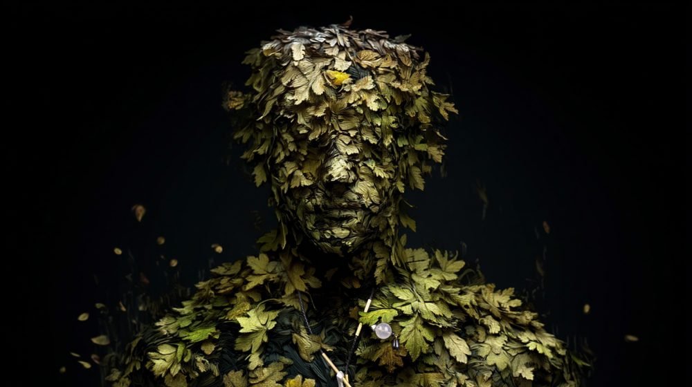 Applied anthropology jewelry from the Hunter Collection worn on a humanoid botanical figure, expressing negotiated balance.