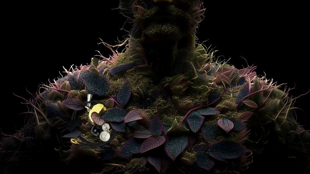 Wearable art jewelry from the Hunter Collection shown on a humanoid botanical totem, exploring continuity and applied anthropology.