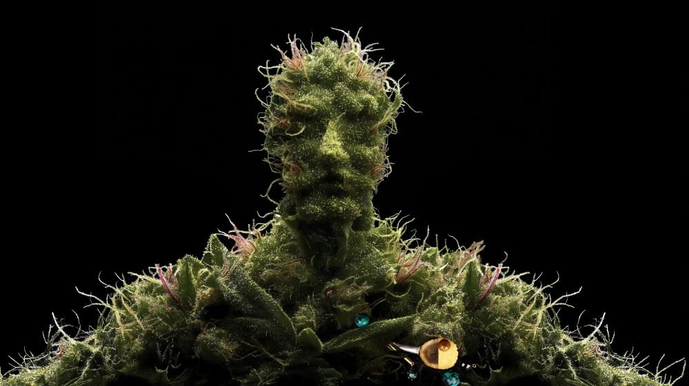 Wearable art jewelry from the Hunter Collection displayed on a humanoid botanical totem, exploring balance and continuity.