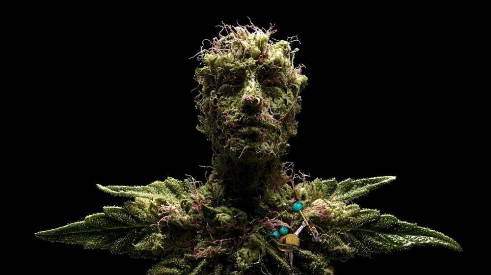 Applied anthropology jewelry from the Hunter Collection shown on a humanoid botanical figure, expressing continuity through renewal.