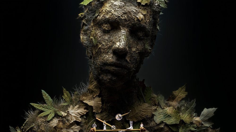 Applied anthropology jewelry from the Hunter Collection worn on a humanoid botanical figure, expressing emergence.
