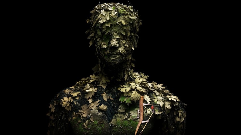 Wearable art jewelry from the Hunter Collection shown on a humanoid botanical totem, expressing organic orientation.