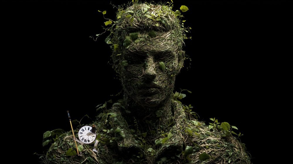 Wearable art jewelry from the Hunter Collection shown on a humanoid totem, expressing imperfect origin.