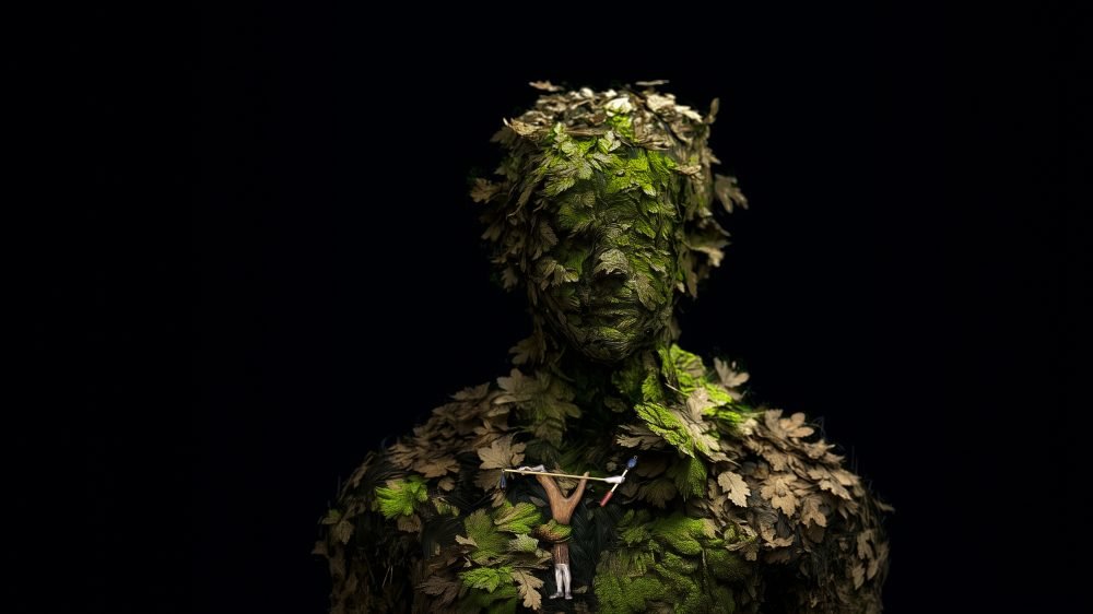 Final orientation-phase wearable art piece from the Hunter Collection shown on a humanoid totem.