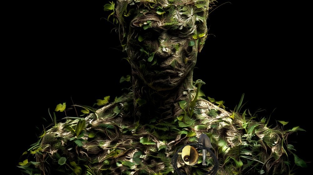 Wearable art jewelry from the Hunter Collection shown on a humanoid botanical totem, introducing symbolic language.