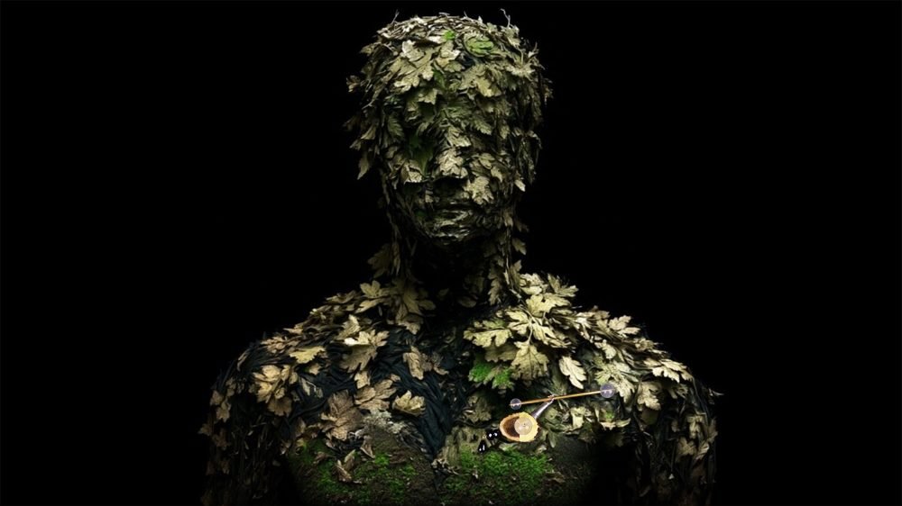 Wearable art jewelry from the Hunter Collection integrated into a humanoid totem, expressing symbolic observation.