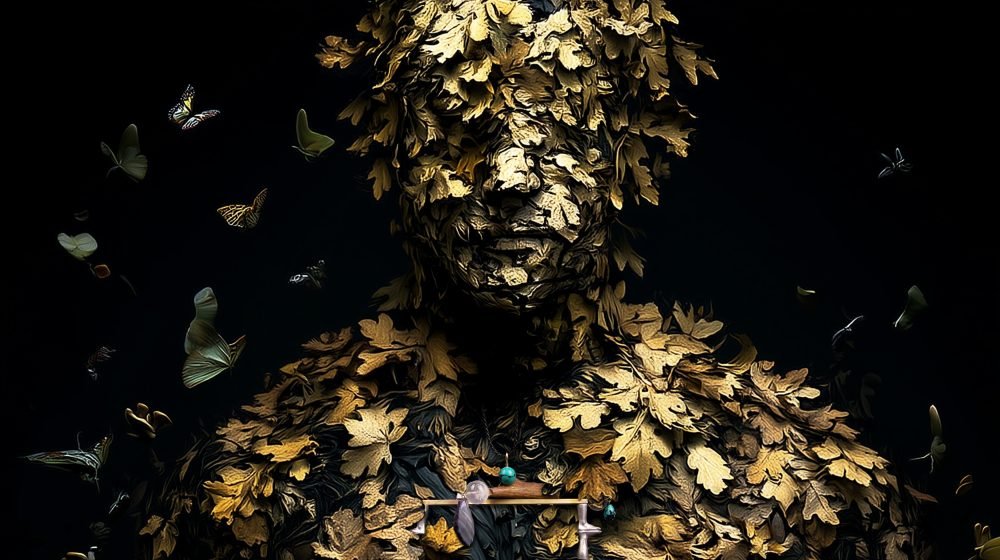 Hunter Collection wearable art jewelry on a humanoid botanical totem, symbolizing transformation.