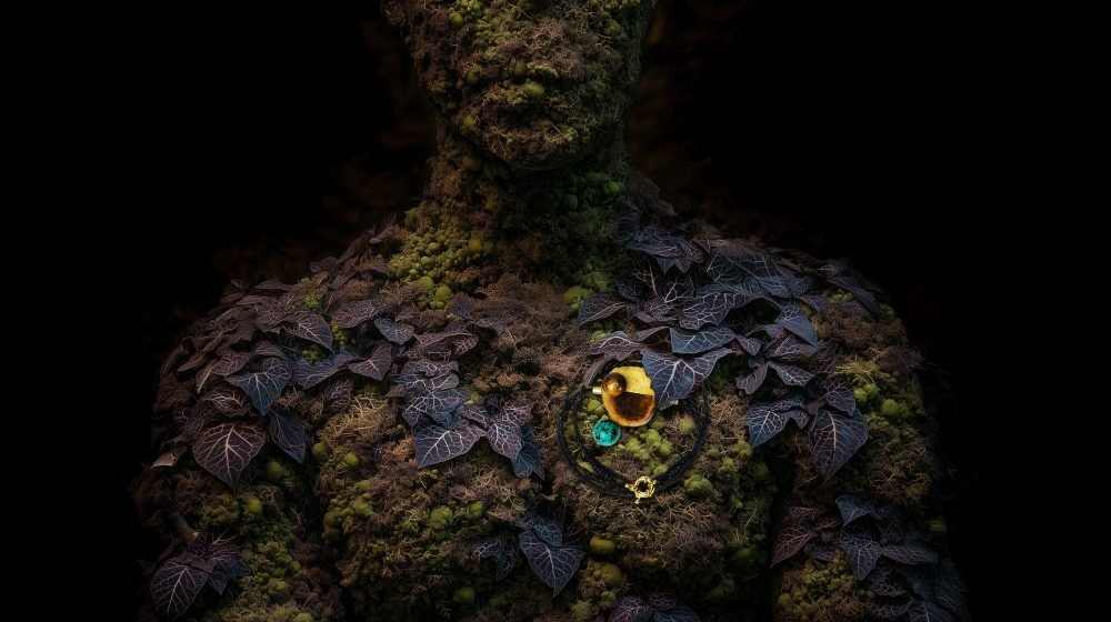 Applied anthropology jewelry from the Hunter Collection shown on a humanoid totem, expressing cyclical symbol.