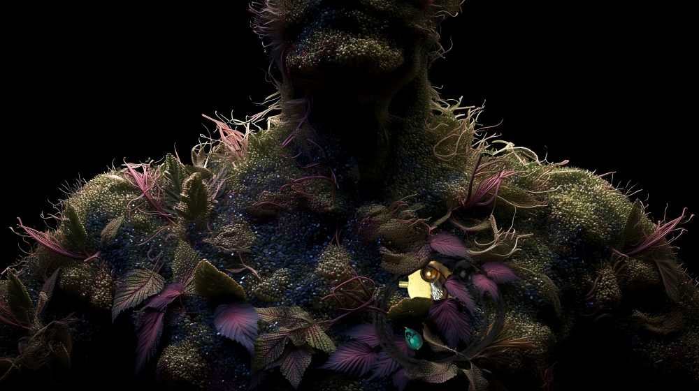 Wearable art jewelry from the Hunter Collection worn on a humanoid totem, expressing contrast and symbol.