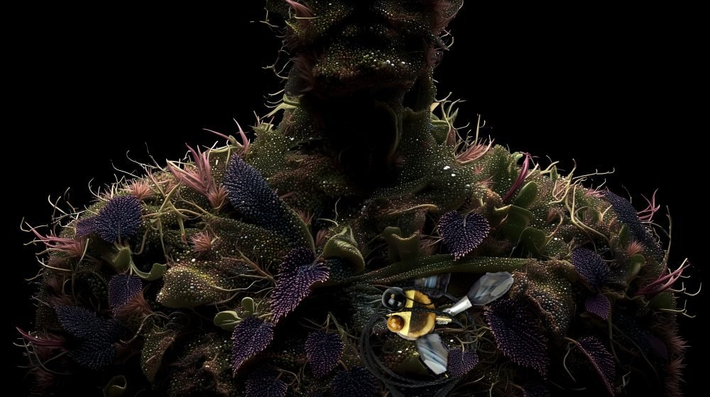 Final symbolic wearable art piece from the Hunter Collection shown on a humanoid botanical totem.