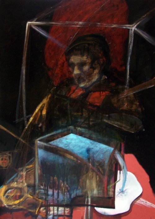 Aquario (2009) by Milan Stamenovic, mixed media on canvas, depicting a suspended cognitive chamber with enclosed forms and architectural containment, created in Italy.