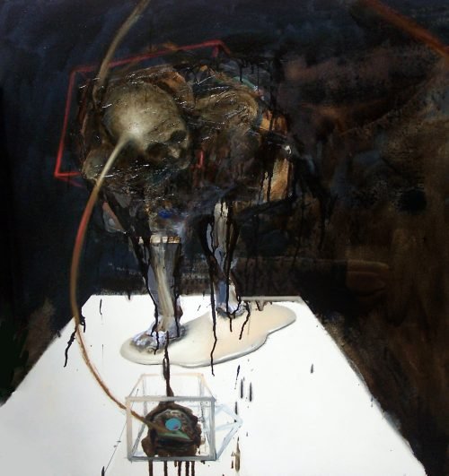 Channeling Thoughts (2009) by Milan Stamenovic, mixed media on canvas, portraying an enclosed psychological structure with suspended forms, created in Italy.