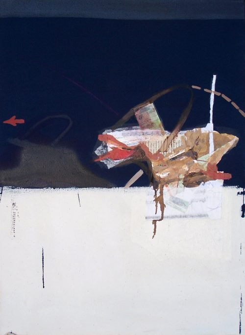 Crisis (2008) by Milan Stamenovic — mixed media on canvas, minimal black and white field with suspended collaged form and directional red arrow.