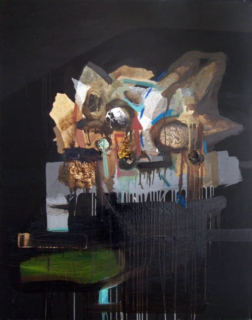 Natura morta in the evening (2007) by Milan Stamenovic, mixed media on canvas, 100 × 80 cm, Italy — psychodynamic still life under evening light exploring altered perceptual depth and contemplative structure.