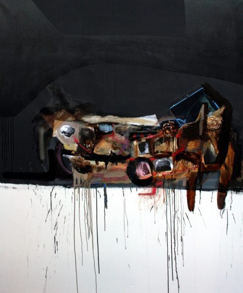 Natura morta lying down (2008) by Milan Stamenovic, mixed media on canvas, 150 × 120 cm, Italy — reclining psychodynamic still life rendered as horizontal architectural structure.