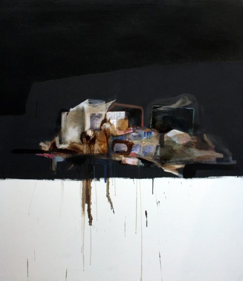 Natura morta rests (2008) by Milan Stamenovic, mixed media on canvas, 150 × 120 cm, Italy — horizontal still life composition exploring durational tension and structural repose.