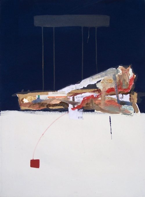 Sex (2008) by Milan Stamenovic — mixed media on canvas with horizontal collaged form beneath suspended white band and minimal red square accent.