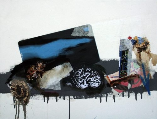 Still Life Caressed (2007), mixed media on canvas by Milan Stamenovic featuring collage fragments and X-ray imagery within a psychodynamic still life composition.