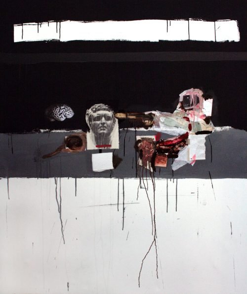 Still Life Shot I (2008) by Milan Stamenovic, mixed media on canvas, 150 × 120 cm, featuring staged still life composition with anatomical brain, Roman sculptural fragment, firearm element and layered collage against black and white horizontal field.
