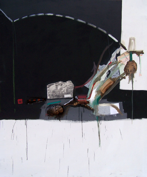 Still Life Shot II (2008) by Milan Stamenovic, mixed media on canvas, 150 × 120 cm, staged psychodynamic interior with fragmented Roman head, anatomical brain, collage layers and suspended horizontal composition.