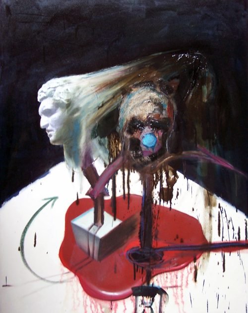 Milan Stamenovic, Threeheaded, 2009, mixed media on canvas, 100 × 80 cm, psychodynamic still life with triadic human configuration, Italy.