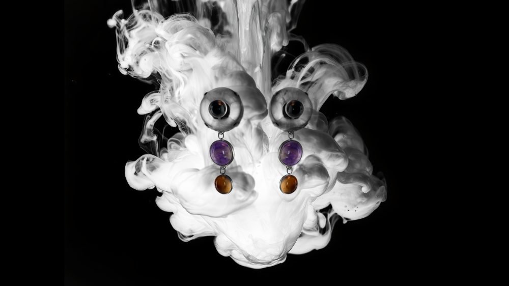 Milius Collection Act IV Accumulation sculptural earrings secondary image by Milan Stamenovic, accumulation expressed through vertical suspension, mineral weight and controlled ornament